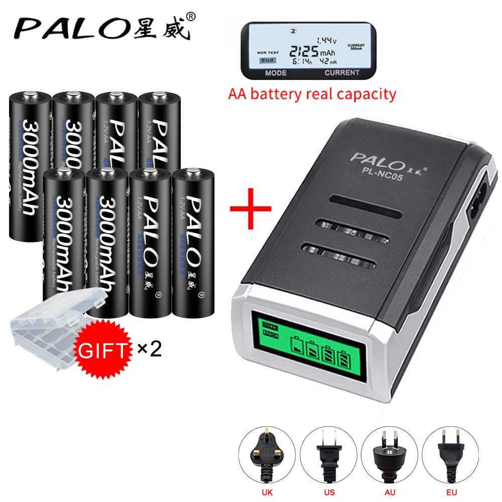 PALO 8 шт. AA 3000 мАч Ni MH 1 2 в аккумуляторные батареи aa батарея аккумуляторная с LCD dispay