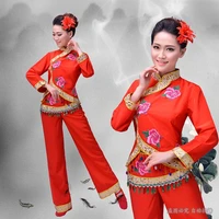 chinese traditional costumes yangko waist drum fan dance clothing red flower embroidery group danceclassical dance costume