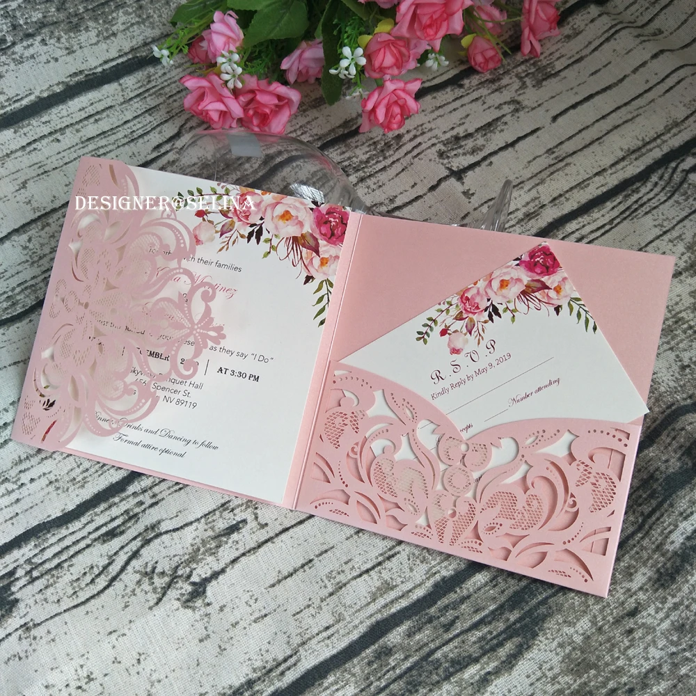 Румяна Розовый Shimmy конверт с лазерной резкой Quinceanera приглашение с открытка RSVP приглашения на свадьбу День рождения обручение