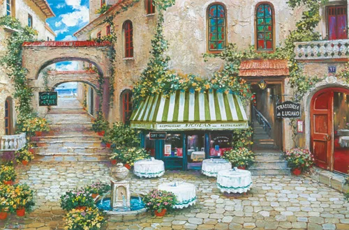 Средиземноморский Цветок Сад кофейный дом пейзаж холст печать масляная живопись