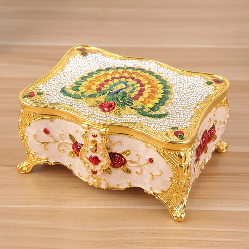 

Gold White Green Pea Cock Metal Jewelry Box With Glass Mirror Inside And Black Velvet Inlay Layer For Trinket Storage Large Size