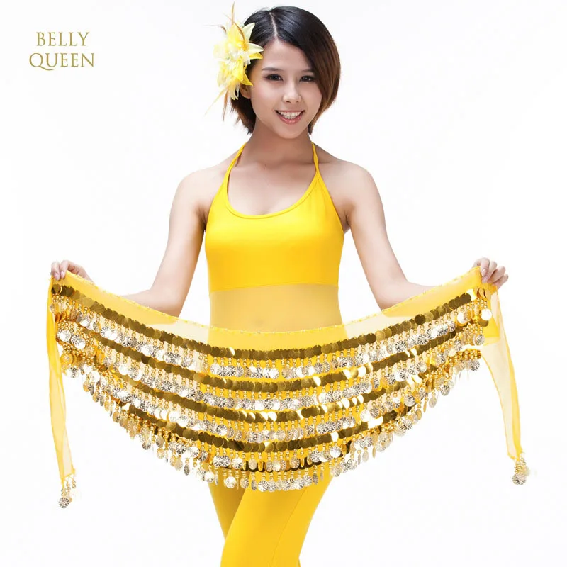 

New Style Women Belly Dancer Costume Hip Scarf Wrap Sequins Belt 288 Coin 5 layer Chiffon Skirt Belly Dance Waist Hip Scarf