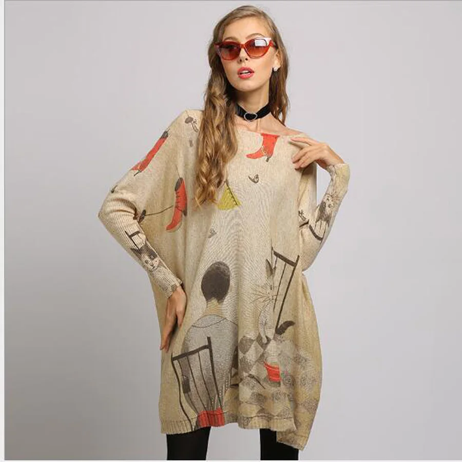2019 New Regular Boy Cat Print Woman Sweater Oversize Long Batwing Sleeve Pullovers O-Neck Knitted Fashion Casual Clothes | Женская