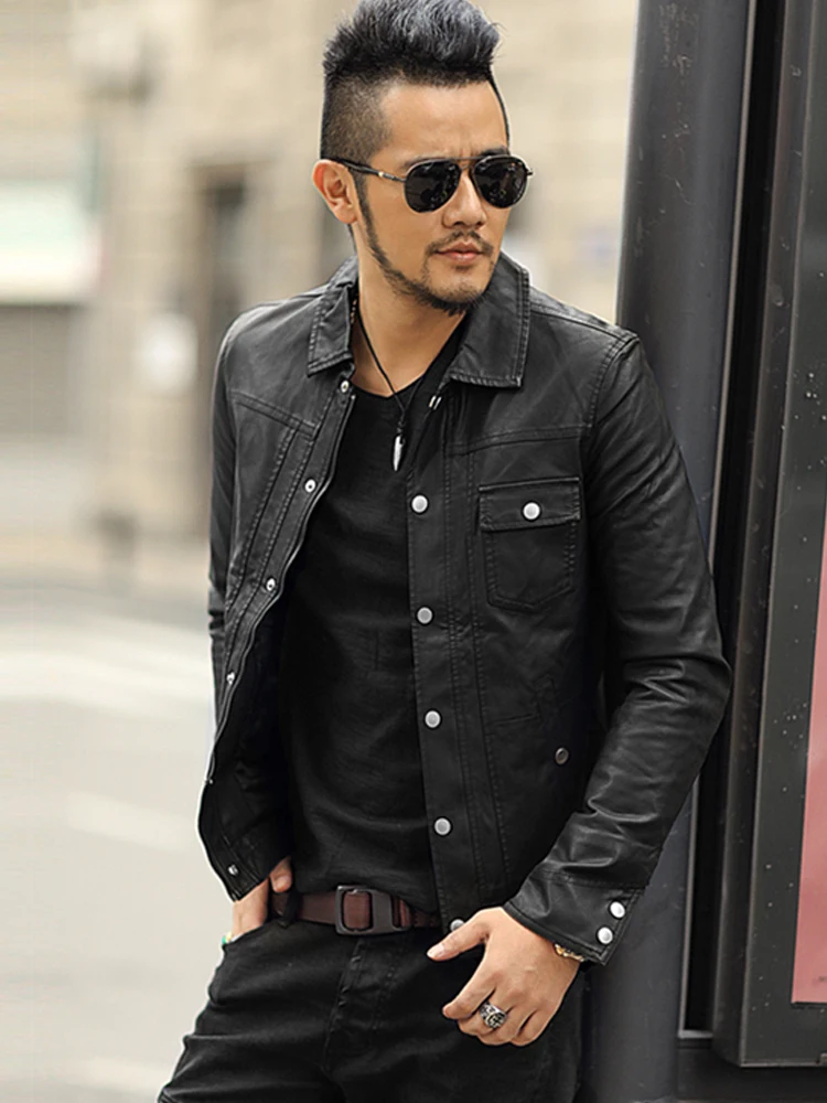 Мужская короткая приталенная куртка из ПУ кожи однотонная Повседневная