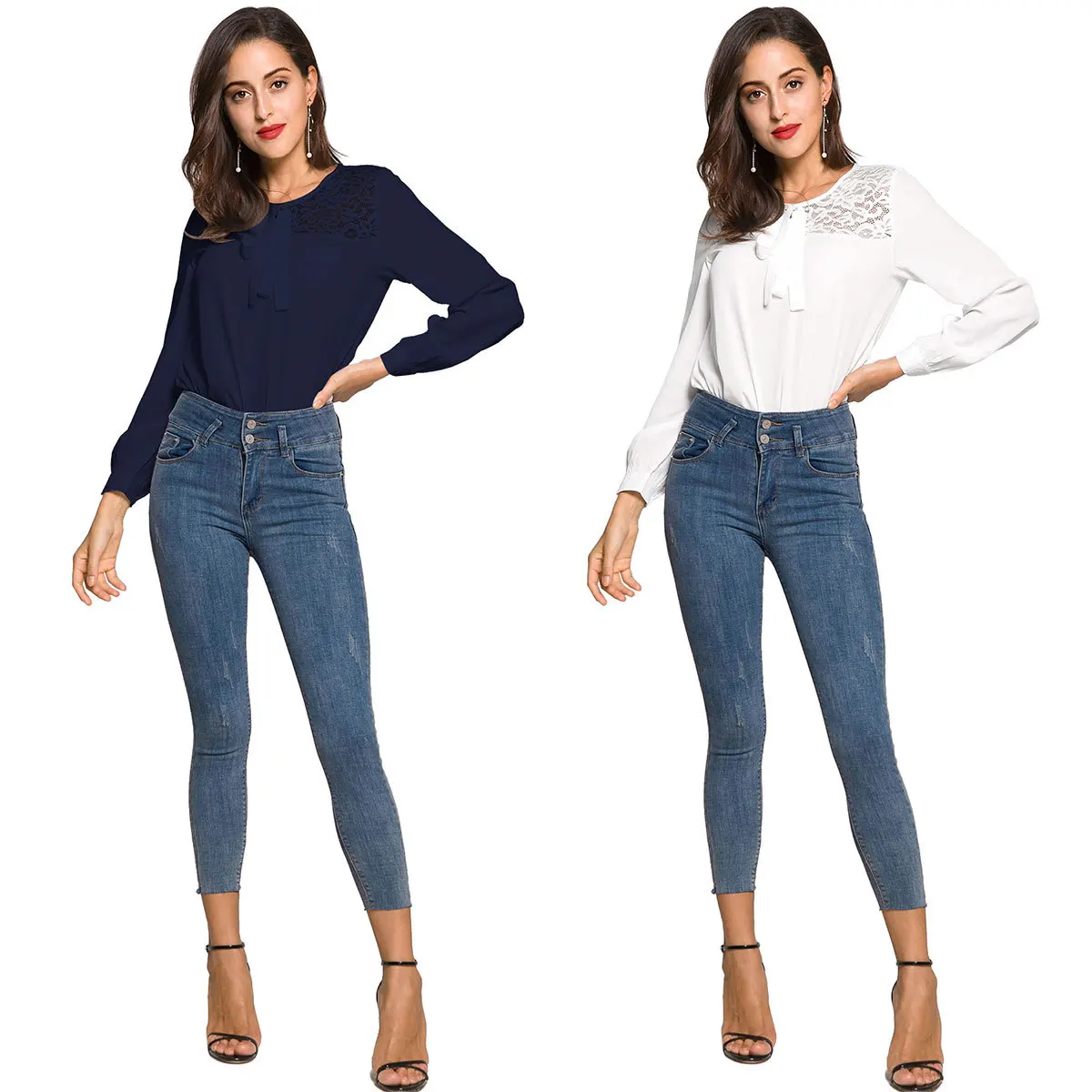 2018 женские летние Повседневное Кружевная рубашка с шифон длинным рукавом