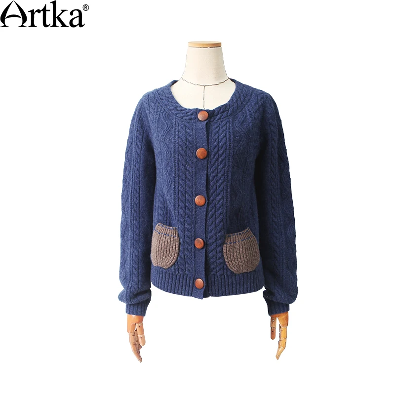 Женский шерстяной кардиган ARTKA Осенний однобортный вязаный с круглым вырезом и