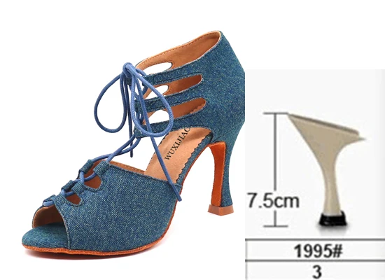heel 7.5cm WUXIJIAO/Новинка; Танцевальная обувь для девочек; Джинсовая ткань; обувь на шнуровке; обувь для латинских танцев; женские туфли для самбы; вечерние туфли для бальных танцев на мягкой подошве; 5-10 см - Цвет: heel 7.5cm