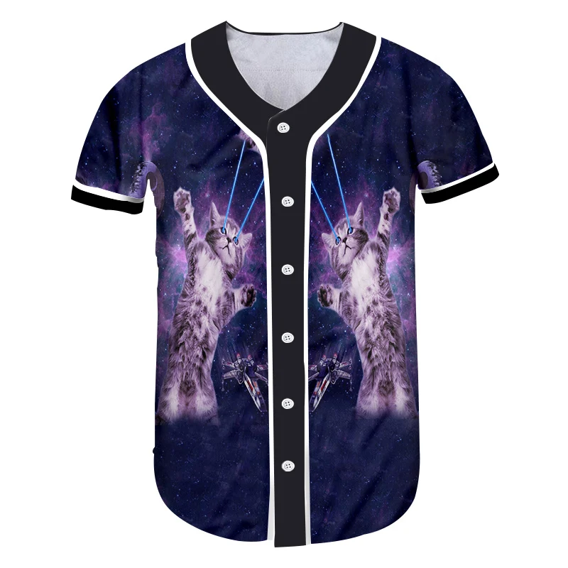 OGKB новинка летние топы футболка на пуговицах Забавный принт галактического