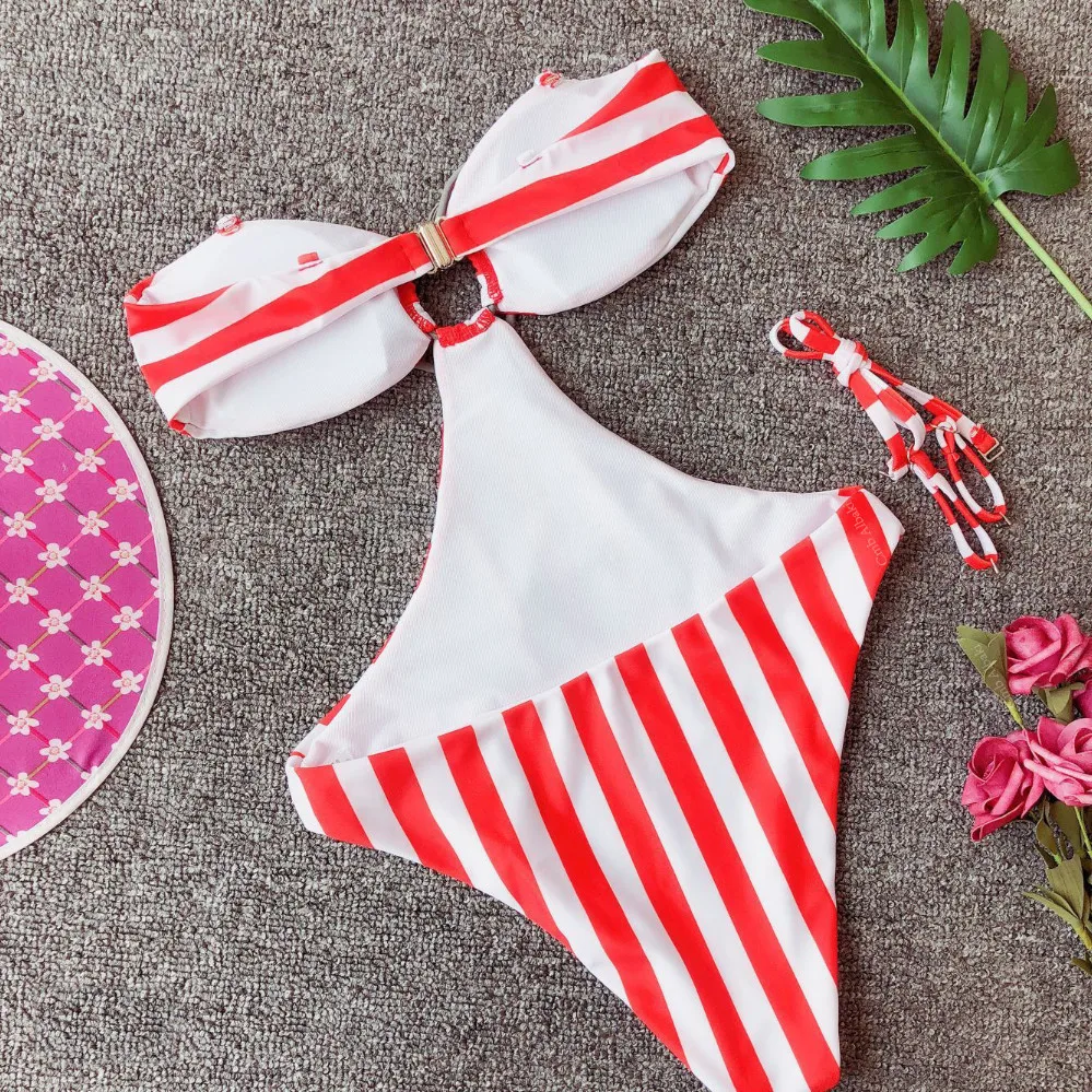 Цельный купальник в полоску с открытыми плечами купальный костюм женский лямкой