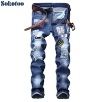 sokotoo mens american flag patches design blue denim jeans holes ripped distressed slim straight pants