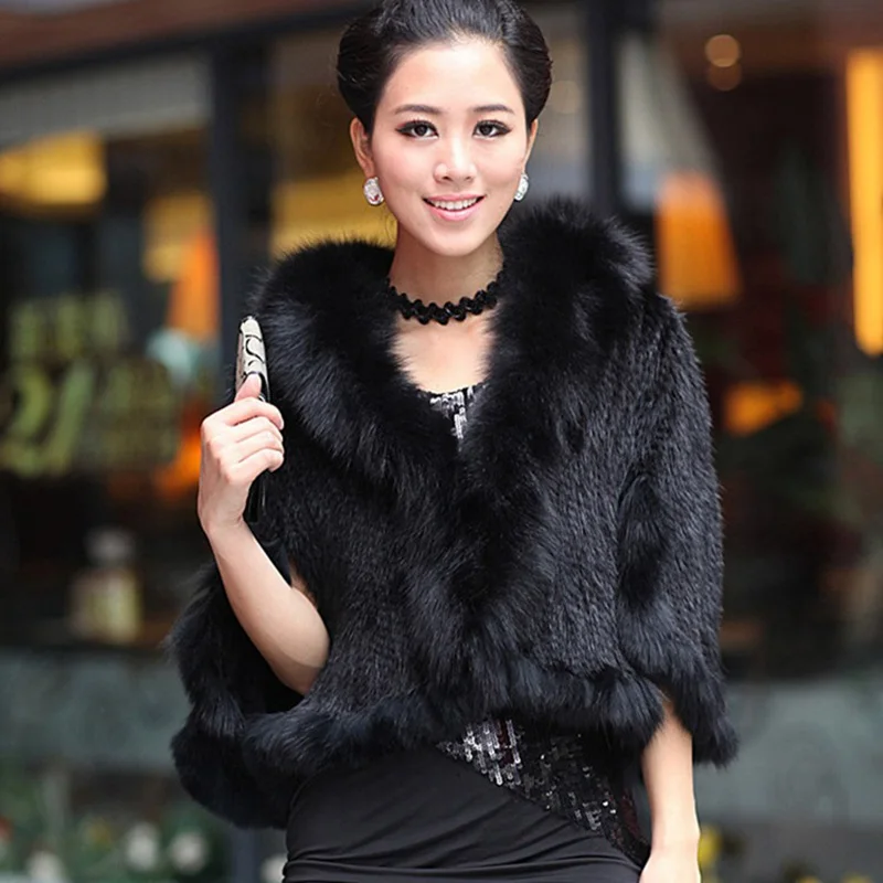Autumn Winter Ladies' Genuine Knitted Mink Fur Shawls Fox Collar Women Pashmina Wraps Bridal Cape LF5060 |