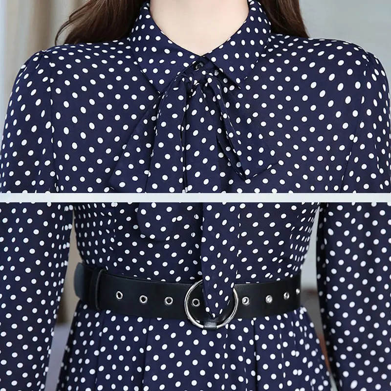 Осеннее платье женское средней длины винтажное в горошек Feminino Vestido пояс