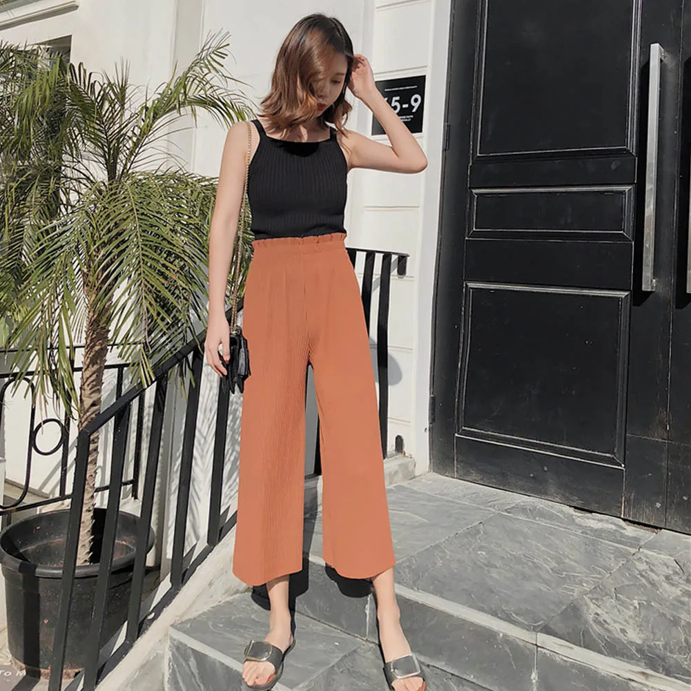 

Female Wrinkle High Elastic Waist Pants Korean Pleated Wide Leg Pants Pleated Fashion Sexy Loose Women Chiffon Pants