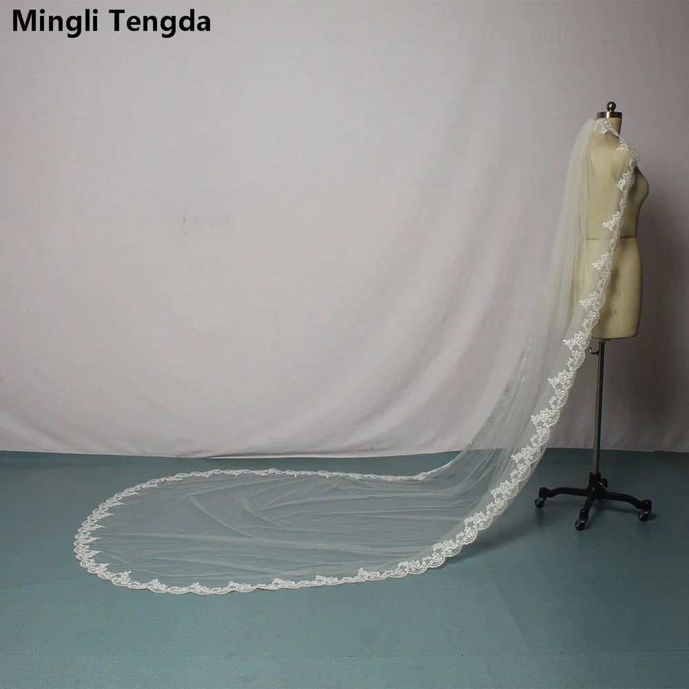 Один слой 3 м Фата невесты с гребень Кружевной Край длинный свадебная фата