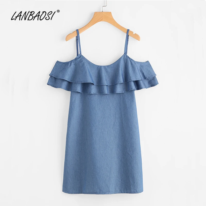 Платье LANBAOSI женское джинсовое на бретельках пикантное пляжное короткое вечернее