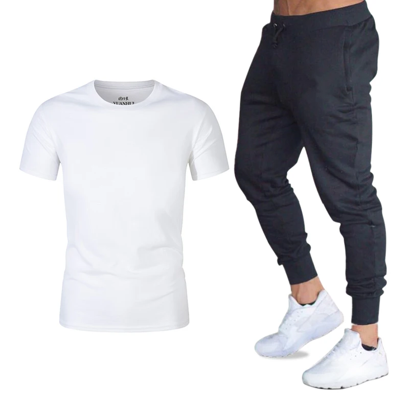 2019 new summer short men's casual suit sportswear solid color 17 round neck cotton patchwork T-shirt + trousers | Мужская одежда