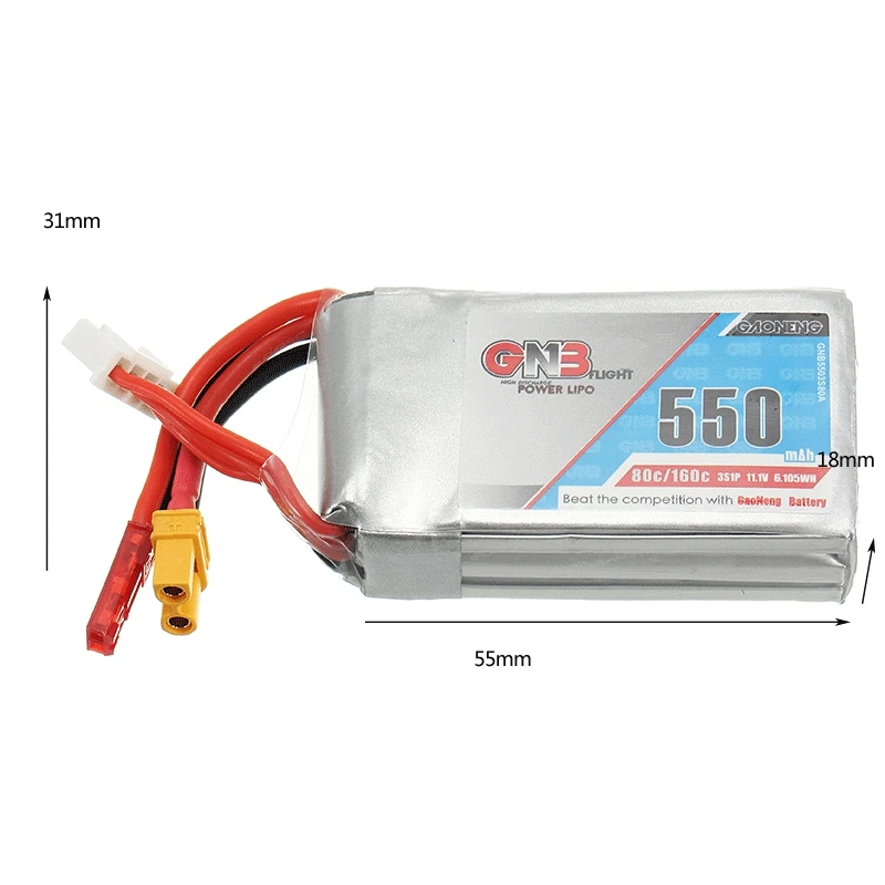 Новейшая партия Gaoneng GNB 11,1 V 550mAh 80C/160C 3S Lipo батарея JST/XT30 Разъем для RC гоночный Дрон Квадрокоптер мощность