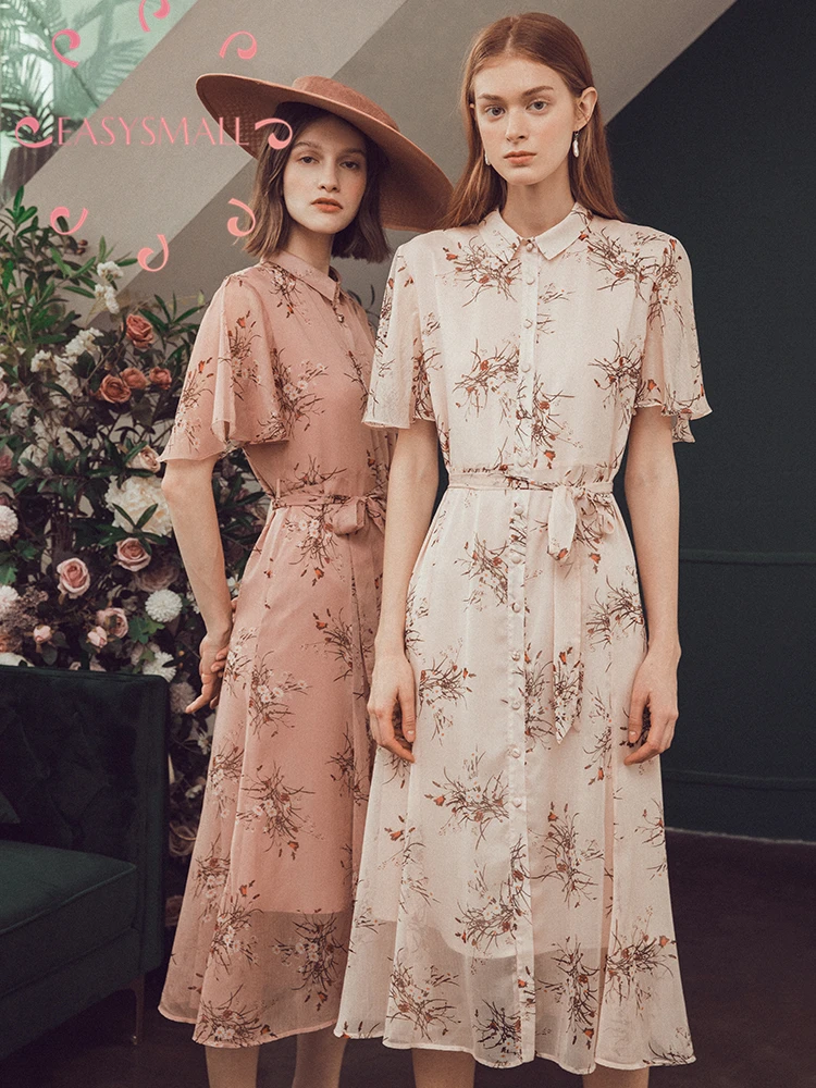 

EASYSMALL Women dress Fashion Summer Stand collar printed chiffon shirt high-end Clothing tight High Waist short Sleeve dresses