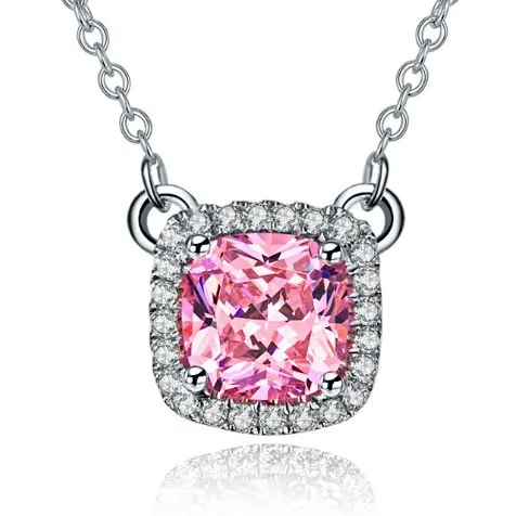 

A-OK Quality Cushion Cut 2 CT Pink Simulate Diamonds Pendant Necklace Solid Sterling Silver White Gold Finish Pendant Necklace