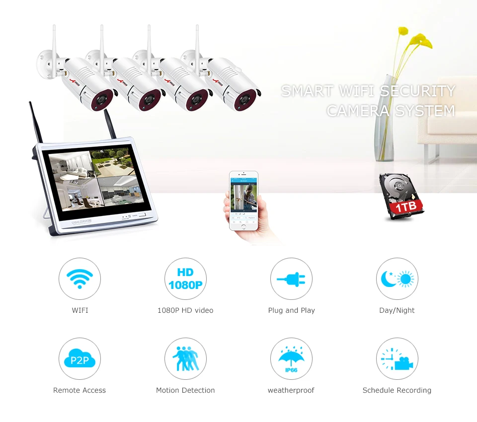 ANRAN 4CH Wifi CCTV камера 1" ЖК NVR комплект 1080P HD ночное видение наблюдения IP камера наружная камера безопасности