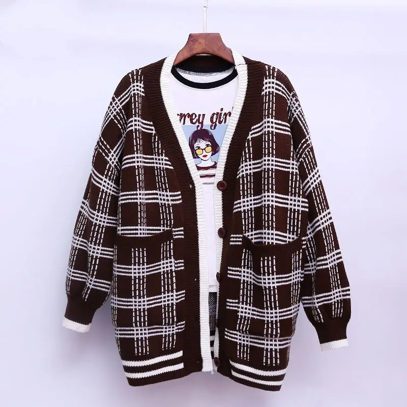 Spring and Autumn 2019 New Women's V-neck Plaid Sweater Korean Loose Long-sleeved Small Fresh Cardigans YP133 |
