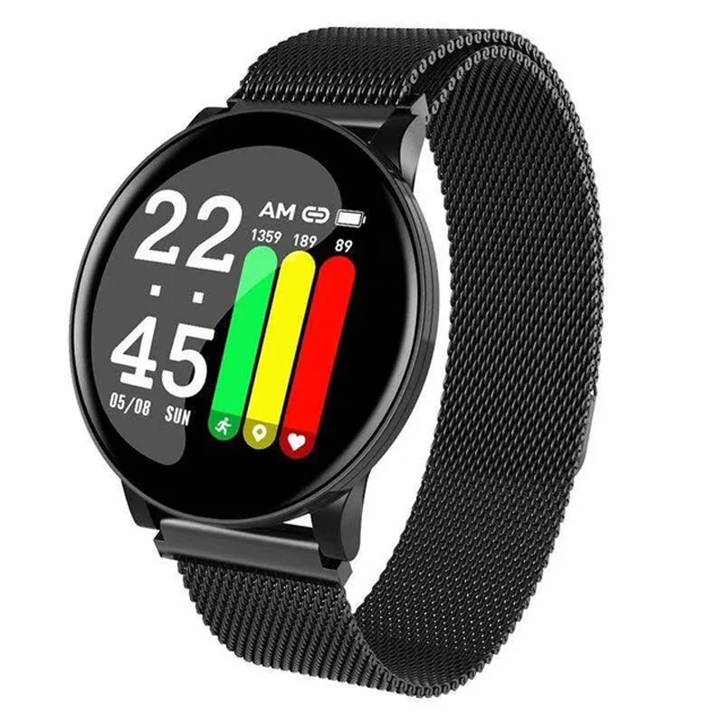 Black steel strap Умные часы фитнес-трекер Браслет Ip67 водонепроницаемые часы мужские часы монитор сердечного ритма браслет, соединенный с кольцом на пальце для женщин Брендовые спортивные часы W8 - Цвет: Black steel strap