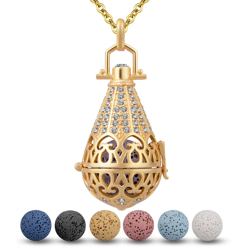 EUDORA Copper Plated Gold Water Drop Pendant Necklace 16mm Crystal Locket Cage with Volcanic Lava Stone Ball Women K113G | Украшения и