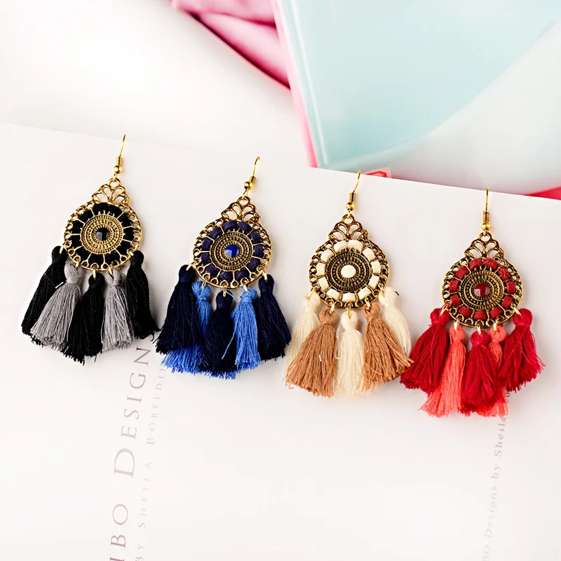 Винтажные красные висячие серьги с кисточками для женщин в богемном стиле Бохо