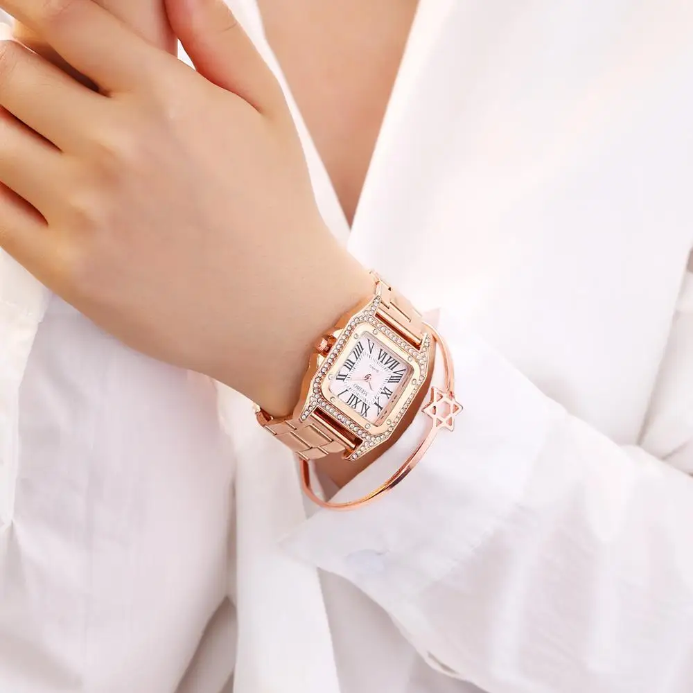 Новинка 2021 женские квадратные часы Роскошные Кварцевые со стразами браслет под