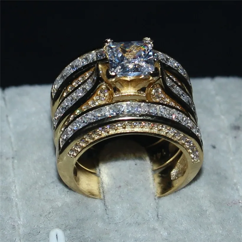 Choucong изделия класса люкс 7*7 мм Принцесса cut 20ct 5a Циркон 3-в-1 925 серебро и 14KT золотое покрытие обручальные кольца палец для Для женщин