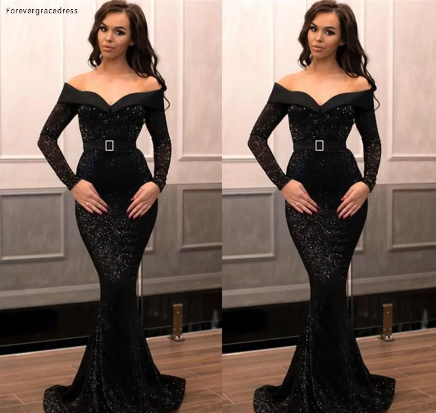 Вечерние платья с длинным рукавом и юбкой годе черные официальные женские