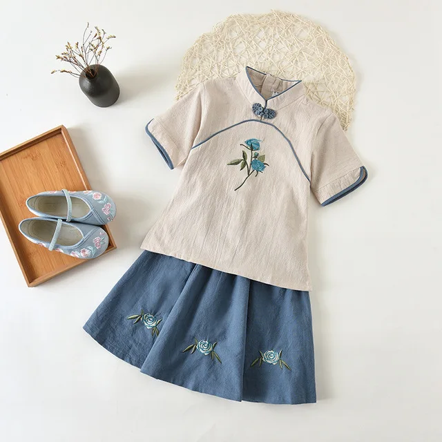Style 3 Комплект из двух предметов для девочек из хлопка и льна с цветочной вышивкой; Традиционное китайское платье в стиле ретро; Летние повседневные платья; детское платье для выступлений - Цвет: Style 3