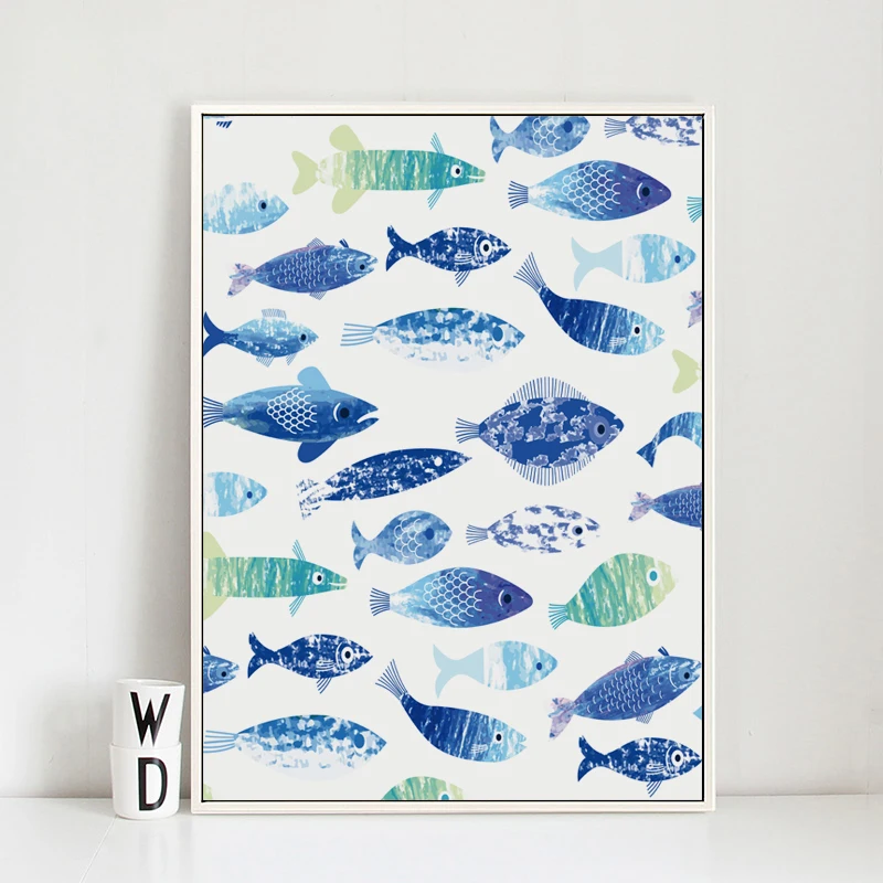 

3pcs Canvas Painting Poster Fresh Watercolor Blue Fish School Wall Art Canvas Painting Print Picture Home Decoration For Living