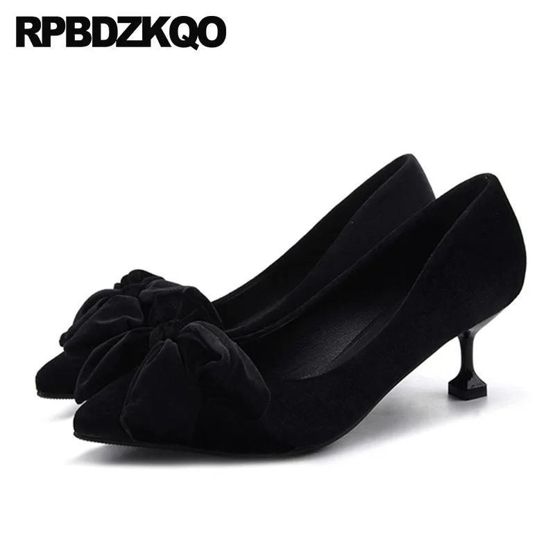 

Luxury Shoes Women Designers Size 33 Velvet Black Big Bow Pointed Toe Footwear 2021 Medium Heels Thin Cute 10 42 Suede 11 43