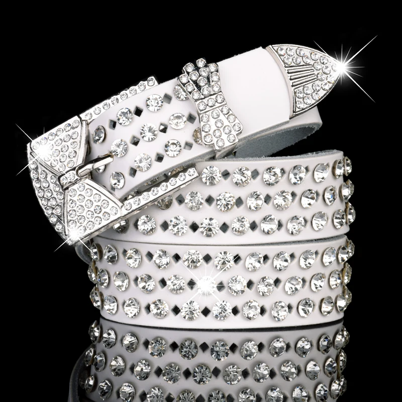 Роскошные теленок кожаный пояс Для женщин белый алмаз Коускин из натуральной