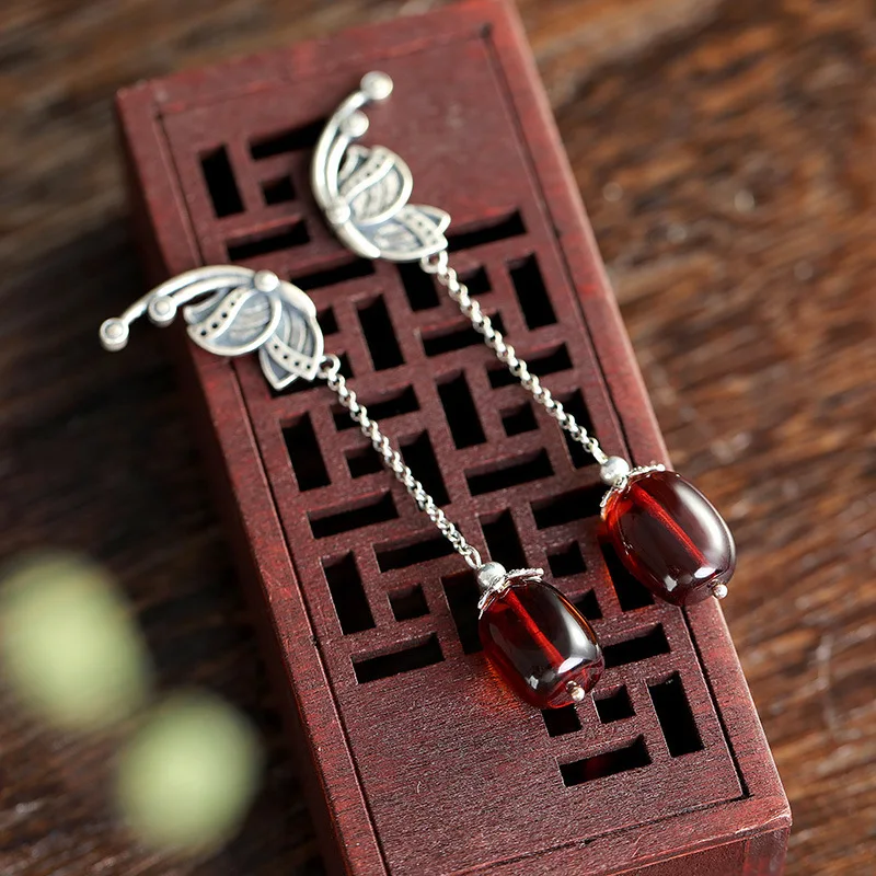 S925 sterling silver retro female personality natural blood amber temperament national wind ear free shipping | Украшения и