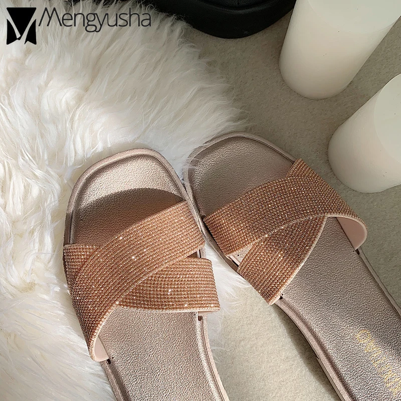 Новинка пляжные шлепанцы с украшением в виде кристаллов женские туфли на плоском