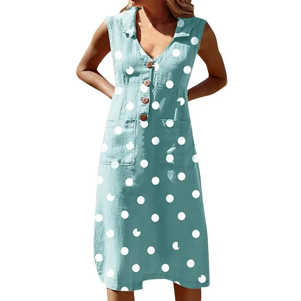 Женское платье в горошек летнее с отложным воротником и карманами 2019|Женские