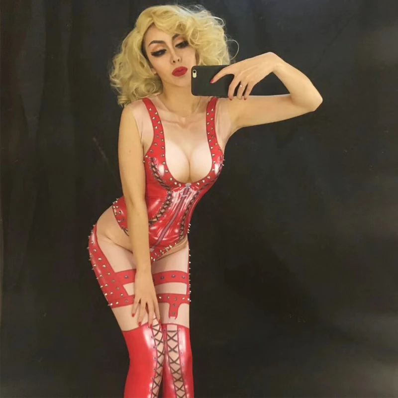 

new Fashion RED black Jumpsuit long Sleeves Stretch Sexy rivet Stage Performance Party Celebrate Nightlcub clothing