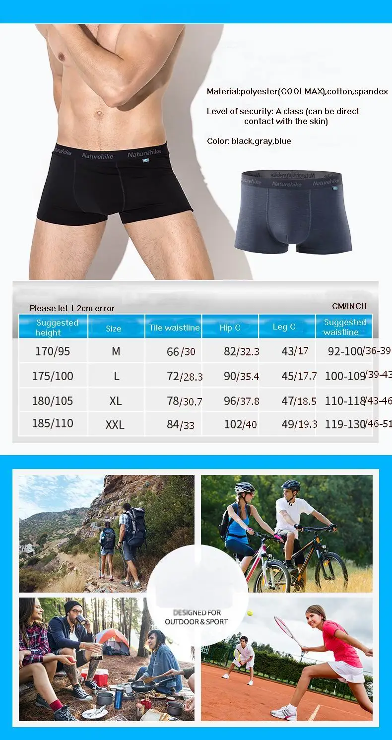 Naturehike мужские АГ+ антибактериальные трусы мужские COOLMAX шорты быстросохнущие боксеры эластичное нижнее белье дышащее абсорбирующее M L XL XXL