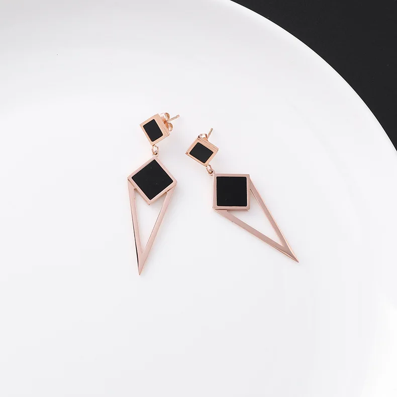 New Listing Geometric Titanium Steel long Tassel Girl Earrings gold Stainless Steel Triangle leaf Girl Black Jewelry Earrings 1