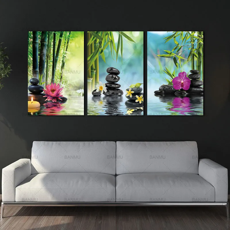 

Canvas Painting Wall Art Pictures Decor for living home SPA Stone Green Bamboo Pink 3 Panels Modern Zen Canvas Painting no frame