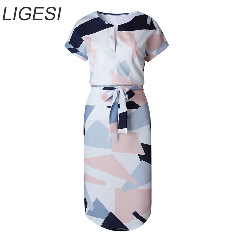 Женское платье с V образным вырезом коротким рукавом и геометрическим