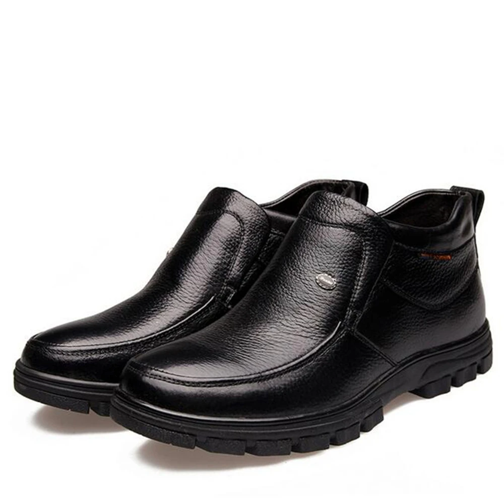 QFFAZ New Winter High Quality Genuine Leather Men Shoes warm Boots Casual Brand Man Soft Comfortable Fur Snow shoes | Обувь