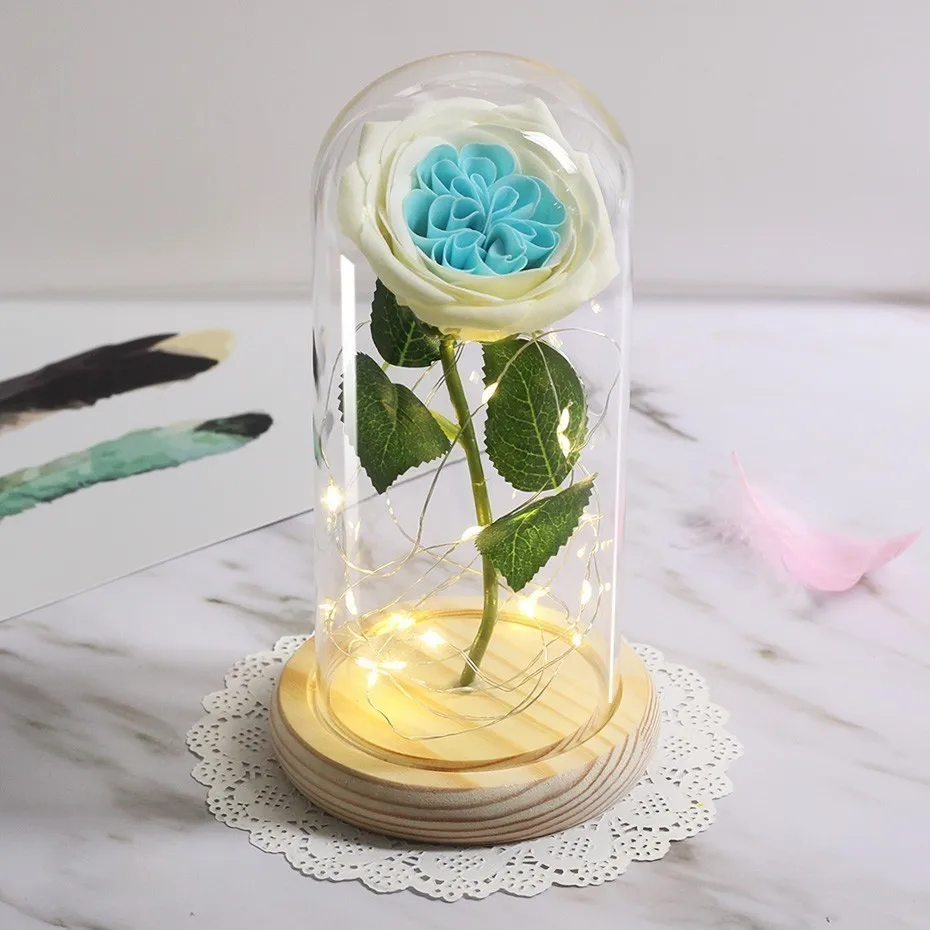 LED Soap Flower Rose Flower In Glass Dome Christmas Gifts Artificial Flower Valentine's Day Wedding Party Home Decor Fake Flower