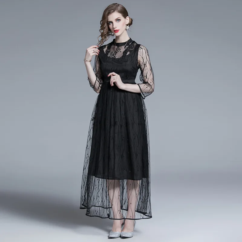 Женское платье с цветочным рисунком черное кружевное бальное винтажное длинное