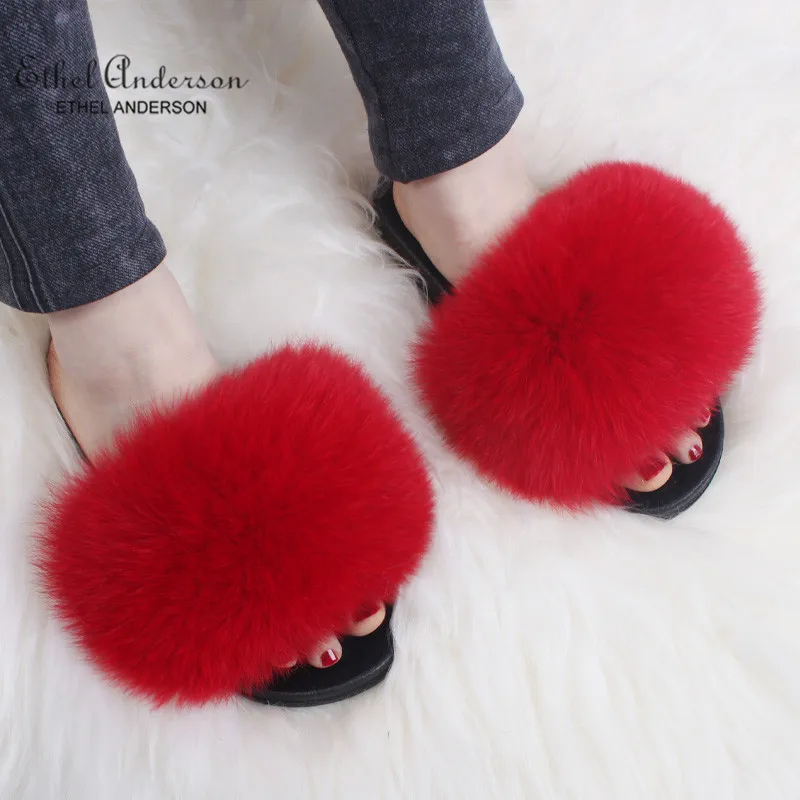 Ethel Anderson/Шлепанцы из натурального Лисьего меха; женские Вьетнамки; летние пляжные сандалии-шлепанцы с лисьим мехом; женская обувь; большие размеры