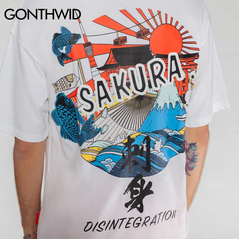GONTHWID японский стиль Ukiyo E печатных футболки с коротким рукавом 2019 Harajuku