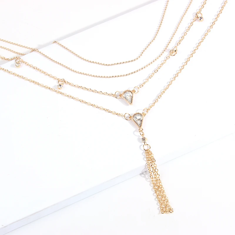 Lalynnlys New Hot Rhinestone Multi-layer Necklace Gold Color Bohemian Choker Necklace For Women Party Wedding Jewelry N68061
