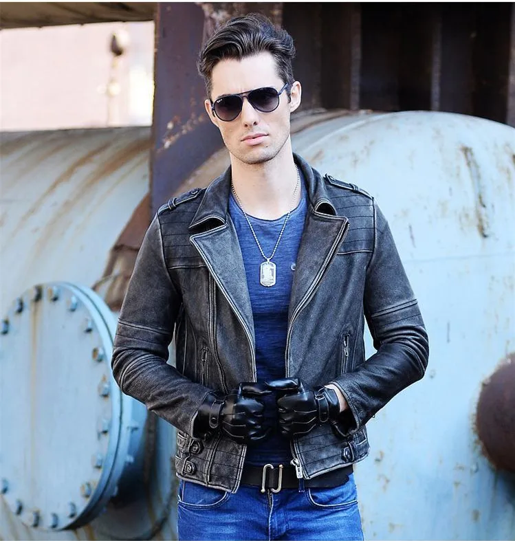 Мужская мотоциклетная кожаная куртка приталенная винтажная в стиле панк-рок с
